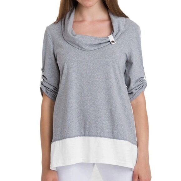 Neon Buddha Gray & White Colorblock Roll Tab Sleeve Cowl Neck Tunic Size Medium - Picture 1 of 8